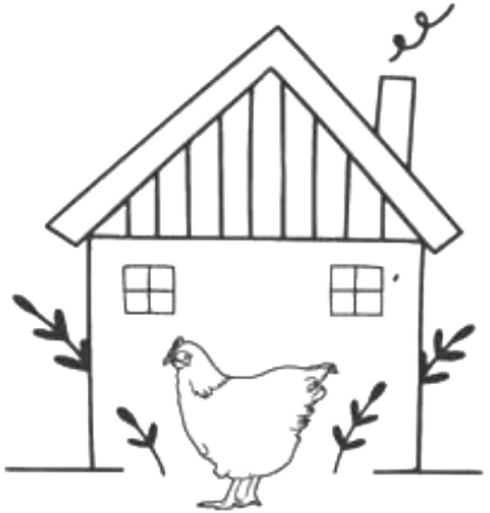 Illustration of a simple farmhouse with a chicken in front, surrounded by small plants, representing rural life and backyard farming.